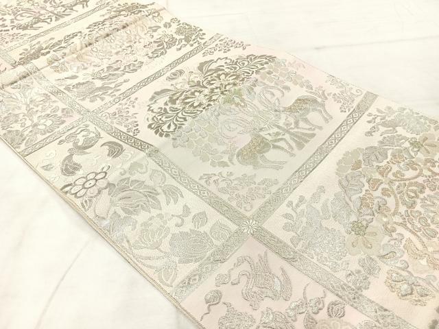 平和屋着物◎六通柄袋帯 動物花文 銀糸 正絹 逸品 AABF6555uk