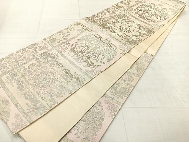 平和屋着物◎六通柄袋帯 動物花文 銀糸 正絹 逸品 AABF6555uk