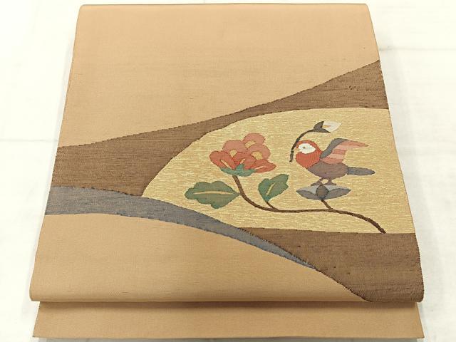 平和屋着物◎太鼓柄袋帯 すくい織 花鳥文 金糸 正絹 逸品 AABF6560uk