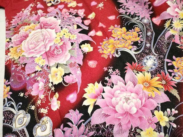 平和屋着物●豪華振袖 Angel Heart 刺繍 草花文 薔薇 バラ 暈し染め 黒地 金糸 銀通し地 ロング丈 正絹 逸品 AABF6565cs