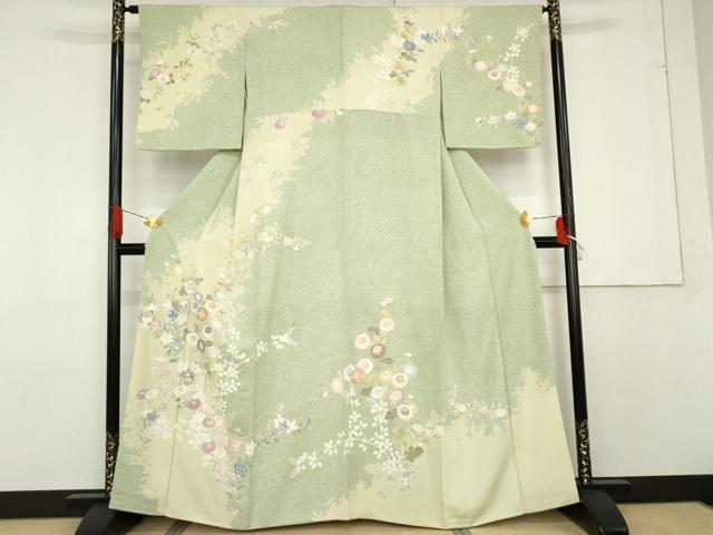 平和屋着物●訪問着 友禅 刺繍 枝花文 暈し染め 金糸 金彩 正絹 逸品 AABF6593cs