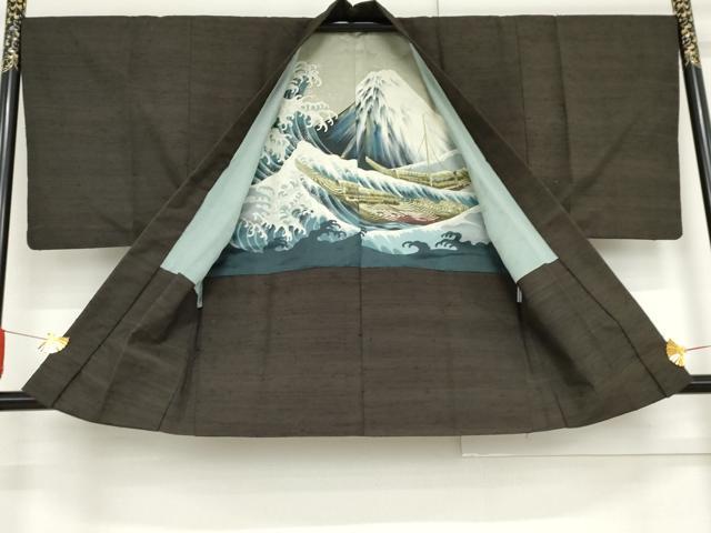 平和屋着物●男性 髭紬 アンサンブル 色無地 千歳茶色 正絹 逸品 AABF6604cs