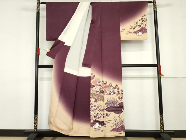 平和屋着物●人間国宝 五代 田畑喜八 訪問着 駒刺繍 笹梅枝花文 暈し染め 正絹 逸品 AABF6609cs