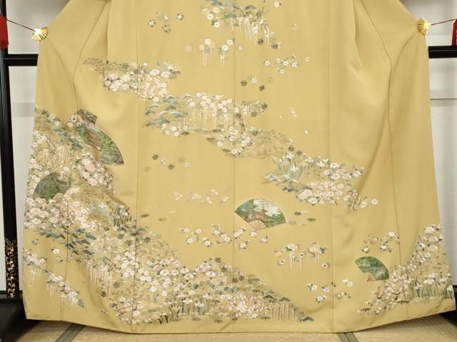 平和屋着物●中国国宝刺繍 乱針刺繍 総刺繍 訪問着 扇面風景草花文 金糸 正絹 逸品 AABF6615cs
