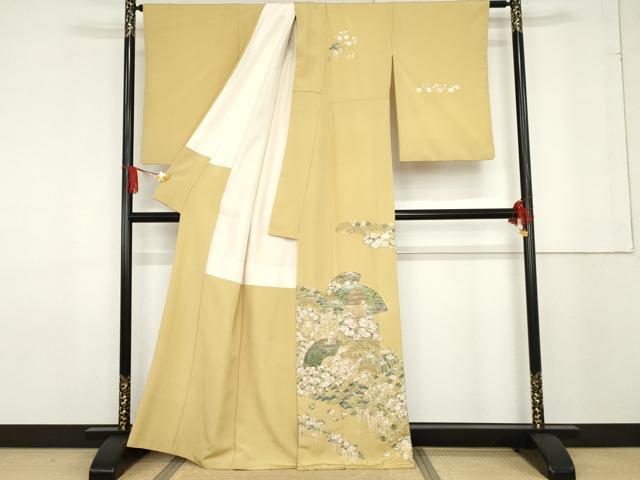 平和屋着物●中国国宝刺繍 乱針刺繍 総刺繍 訪問着 扇面風景草花文 金糸 正絹 逸品 AABF6615cs