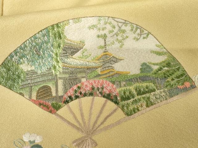 平和屋着物●中国国宝刺繍 乱針刺繍 総刺繍 訪問着 扇面風景草花文 金糸 正絹 逸品 AABF6615cs
