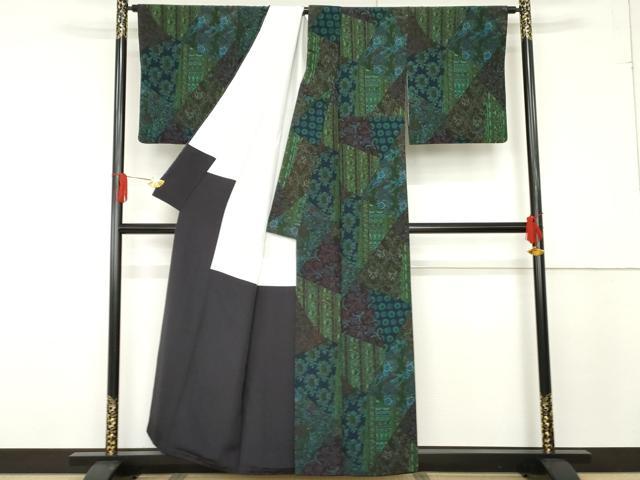 平和屋着物●前田仁仙 仁仙更紗 小紋 切嵌更紗花文 丹後ちりめん 反端付き 正絹 逸品 AABF6625cs