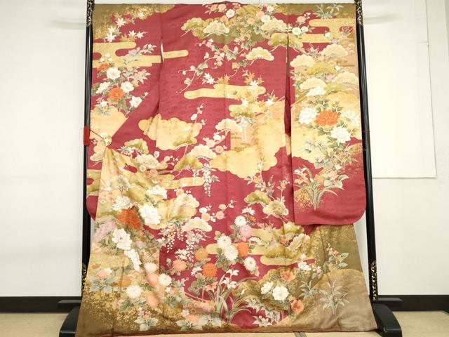 平和屋着物●豪華振袖 駒刺繍 吉祥花松文 金彩 ロング丈 正絹 逸品 AABF6636cs