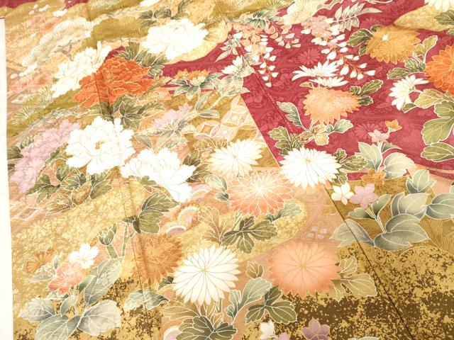 平和屋着物●豪華振袖 駒刺繍 吉祥花松文 金彩 ロング丈 正絹 逸品 AABF6636cs
