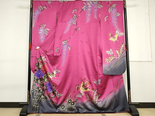 平和屋着物●豪華振袖 花蝶文 暈し染め 銀通し地 正絹 逸品 AABF6637cs