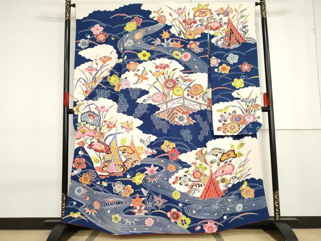 平和屋着物●豪華振袖 型染め 流水花鳥文 正絹 逸品 AABF6639cs