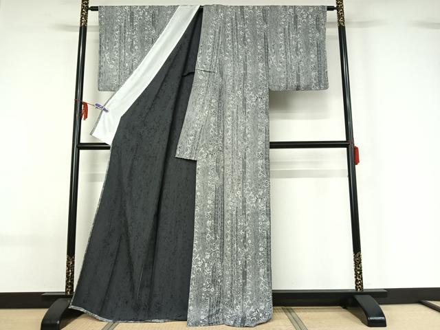 平和屋着物▽お召 単衣 天目織 草花文 正絹 逸品 AABF6649jh