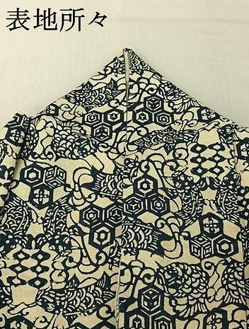 平和屋着物▽上質な紬 単衣 本藍 型絵染め 花唐草文 魚 正絹 逸品 AABF6670jh