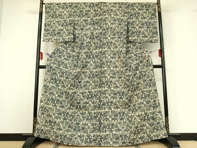 平和屋着物▽上質な紬 単衣 本藍 型絵染め 花唐草文 魚 正絹 逸品 AABF6670jh