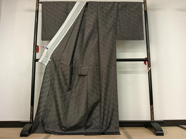 平和屋着物▽お召 単衣 格子 ロング丈 正絹 逸品 AABF6677jh