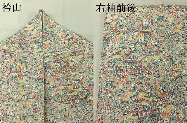 平和屋着物▽上質な小紋 単衣 風景花文 正絹 逸品 AABF6766jh