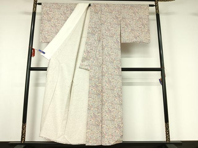 平和屋着物▽上質な小紋 単衣 風景花文 正絹 逸品 AABF6766jh