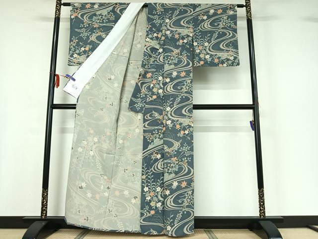 平和屋着物▽洗える最高級着物 <英>はなぶさ謹製 小紋 単衣 流水花文 金銀彩 洗える着物 AABF6775jh