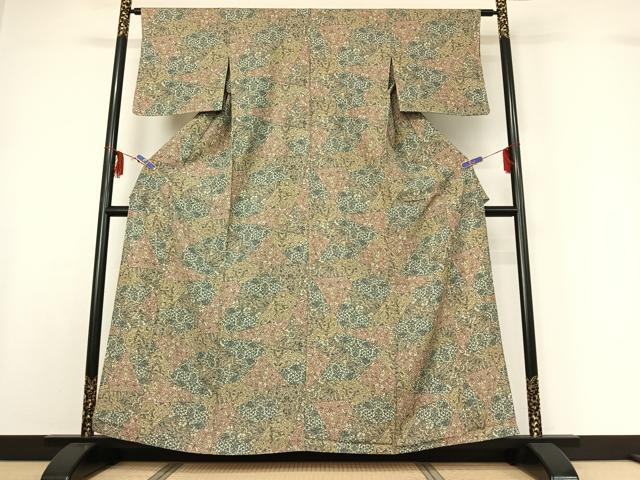 平和屋着物▽上質な小紋 単衣 切嵌更紗花文 正絹 逸品 AABF6789jh