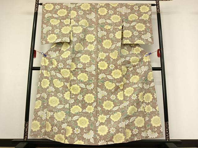 平和屋着物▽上質な紬 単衣 草花文 正絹 逸品 AABF6790jh