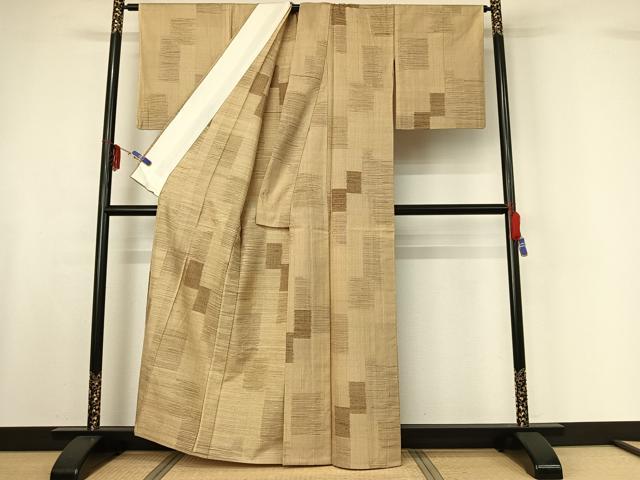 平和屋着物▽上質な紬 単衣 幾何学文様 正絹 逸品 AABF6793jh