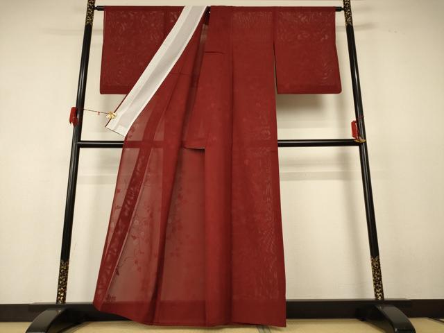 平和屋着物*夏物 色無地 絽 枝葉紋紗 栗梅色 正絹 逸品 AABF6807jd