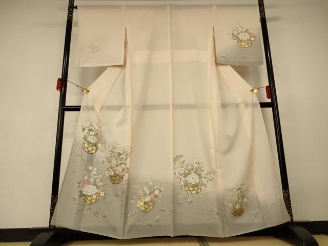 平和屋着物*夏物 訪問着 絽 花籠文 暈し染め 金銀彩 正絹 逸品 AABF6820jd