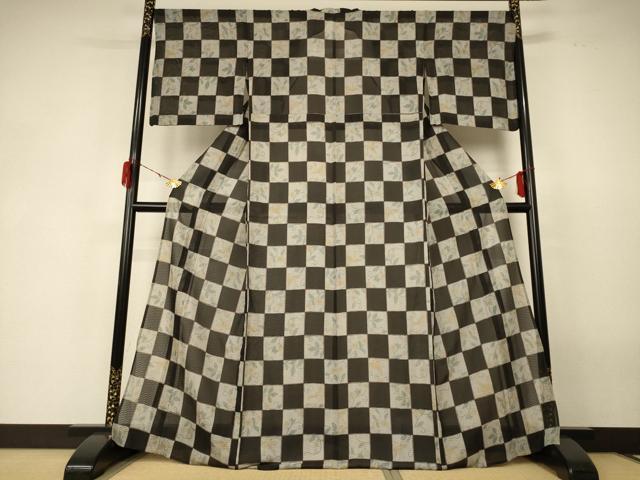 平和屋着物*夏物 小紋 市松花鳥紋紗 正絹 逸品 AABF6849jd