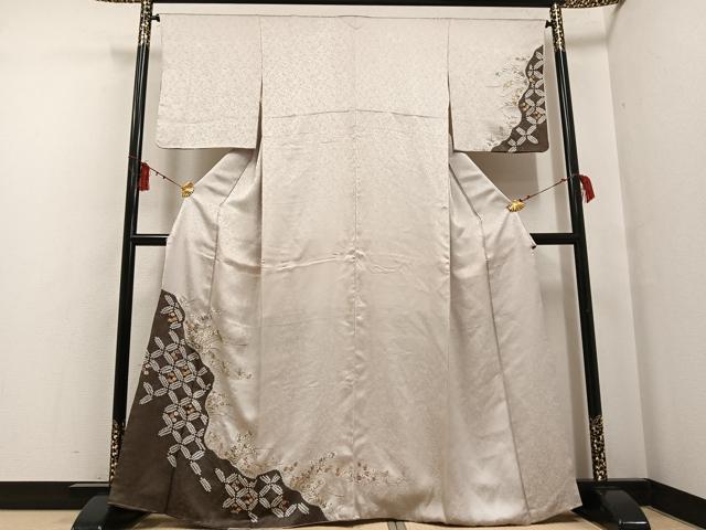 平和屋着物●訪問着 絞り 刺繍 草花文 金糸 正絹 逸品 AABF6923ph