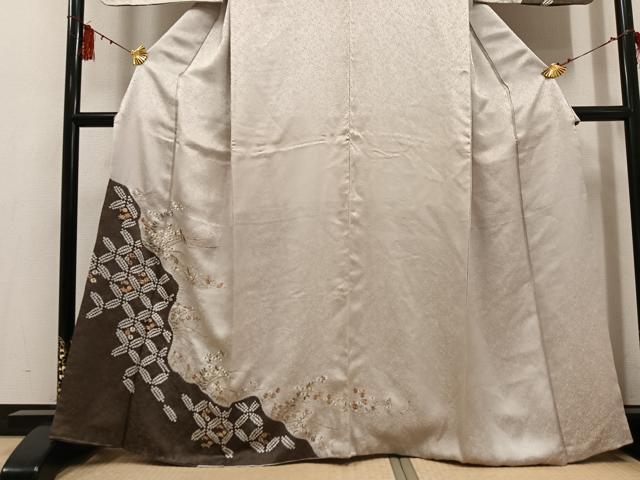平和屋着物●訪問着 絞り 刺繍 草花文 金糸 正絹 逸品 AABF6923ph