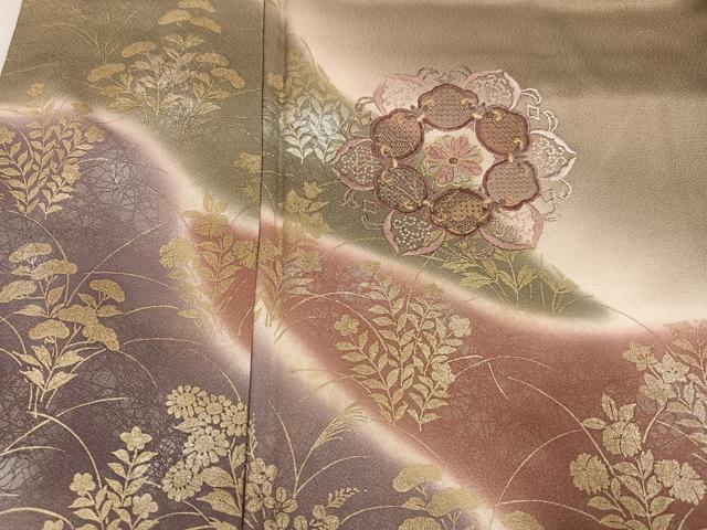 平和屋着物●訪問着 中国三大刺繍 スワトウ刺繍 汕頭刺繍 草花文 暈し染め 金彩 正絹 逸品 AABF6936ph