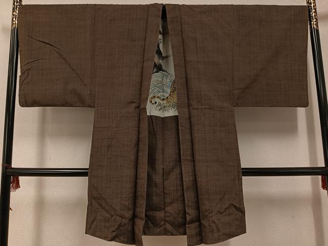 平和屋着物●男性 紬 アンサンブル 色無地 涅色 正絹 逸品 AABF6950ph