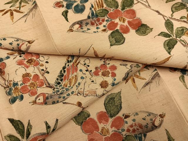 平和屋着物●上質な小紋 紬地 手描き 花鳥文 正絹 逸品 未使用 AABF6961ph