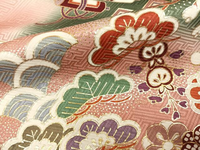 平和屋着物●豪華振袖 草花宝尽くし 暈し染め 金彩 ロング丈 正絹 逸品 AABF6993ph