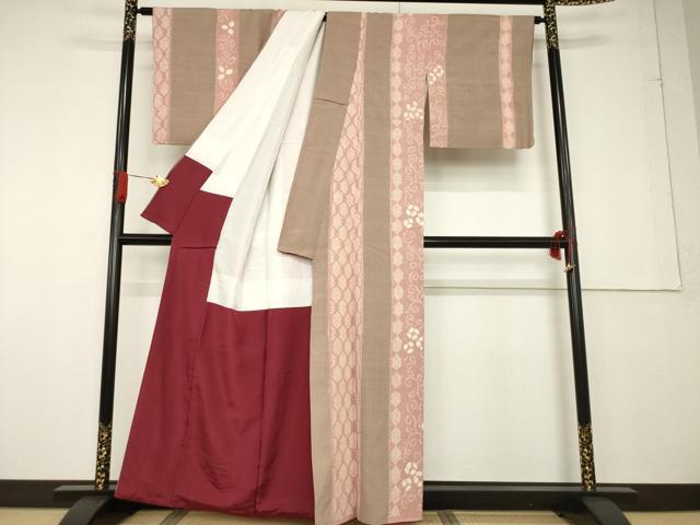平和屋着物●上質な紬 絞り 花唐草間道 正絹 逸品 AABF7004ck