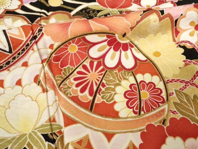 平和屋着物●豪華振袖 花毬文 黒地 金彩 正絹 逸品 AABF7006ck