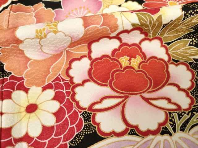 平和屋着物●豪華振袖 花毬文 黒地 金彩 正絹 逸品 AABF7006ck