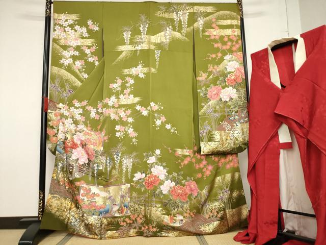 平和屋着物●豪華振袖・長襦袢(無双仕立て)セット 刺繍 鴛鴦花車文 金彩 反端付き 正絹 逸品 AABF7020ck