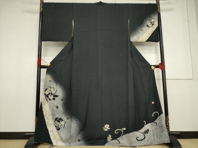 平和屋着物●訪問着 作家物 一太 竹屋町刺繍 花丸文 たたき染め 黒地 金彩 正絹 逸品 AABF7024ck