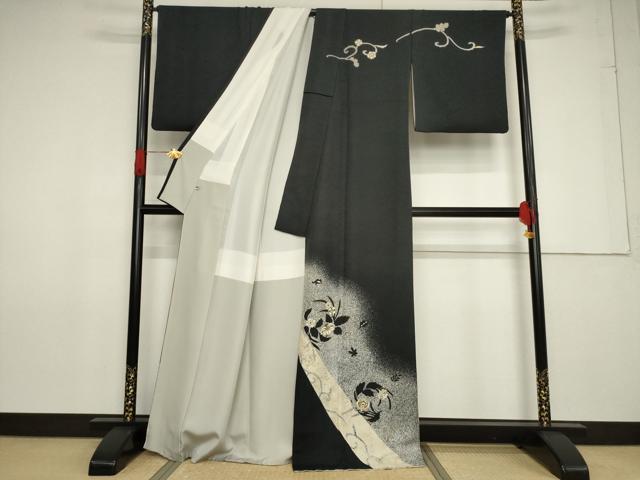 平和屋着物●訪問着 作家物 一太 竹屋町刺繍 花丸文 たたき染め 黒地 金彩 正絹 逸品 AABF7024ck