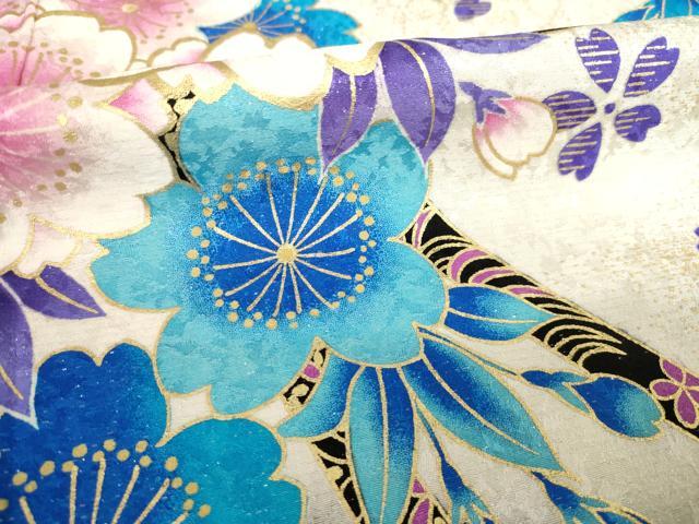 平和屋着物●豪華振袖 刺繍 花束文 金彩 銀通し地 正絹 逸品 AABF7025ck