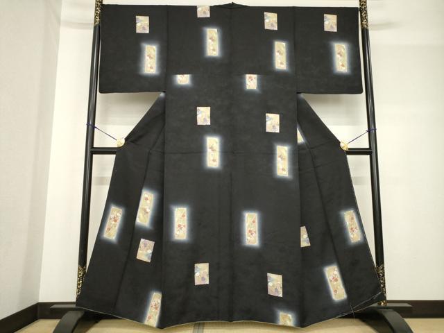 平和屋着物●上質な小紋 短冊花文 暈し染め 黒地 金彩 正絹 逸品 AABF7033ck