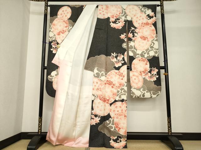 平和屋着物●名門 藤娘きぬたや・総絞り 振袖 源氏車花文 黒地 正絹 逸品 AABF7057ck