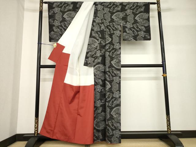 平和屋着物●本場大島紬 一元絣 地紙風景花文 丸百織物謹製 証紙付き 正絹 逸品 未使用 AABF7072ck