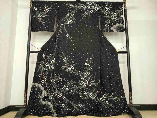 平和屋着物●訪問着 絞り 枝花文 黒地 正絹 逸品 AABF7075ck