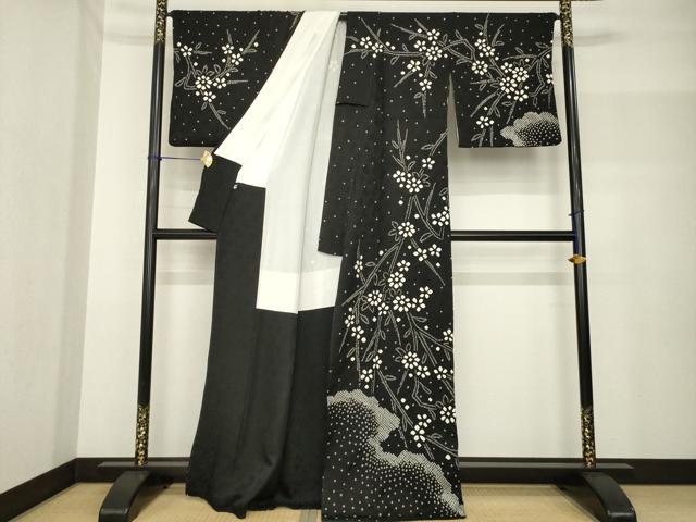 平和屋着物●訪問着 絞り 枝花文 黒地 正絹 逸品 AABF7075ck