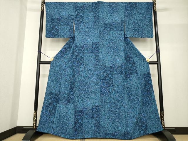 平和屋着物●上質な小紋 本藍 更紗花文 正絹 逸品 AABF7078ck