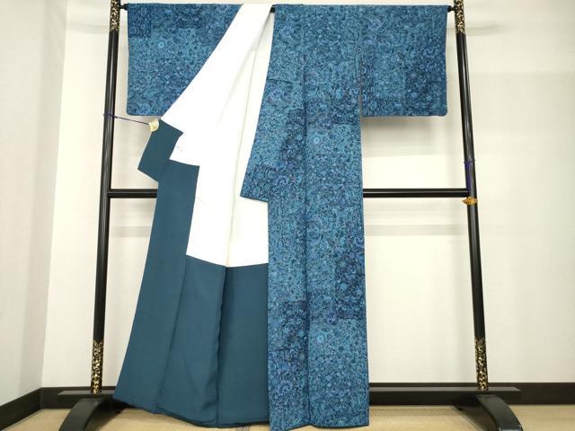 平和屋着物●上質な小紋 本藍 更紗花文 正絹 逸品 AABF7078ck