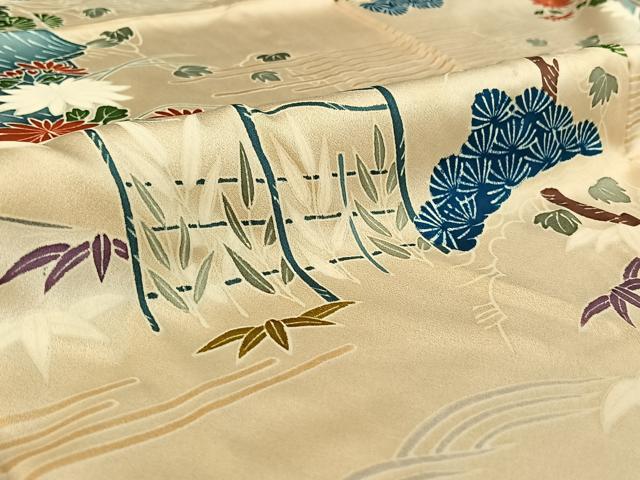 平和屋着物▽上質な小紋 単衣 風景花文 正絹 逸品 AABF7083jh