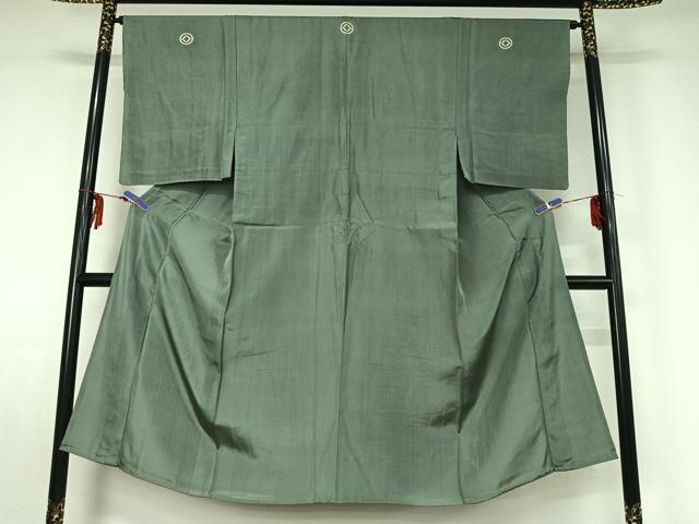 平和屋着物▽男性 色紋付 単衣 千草色 正絹 逸品 AABF7089jh